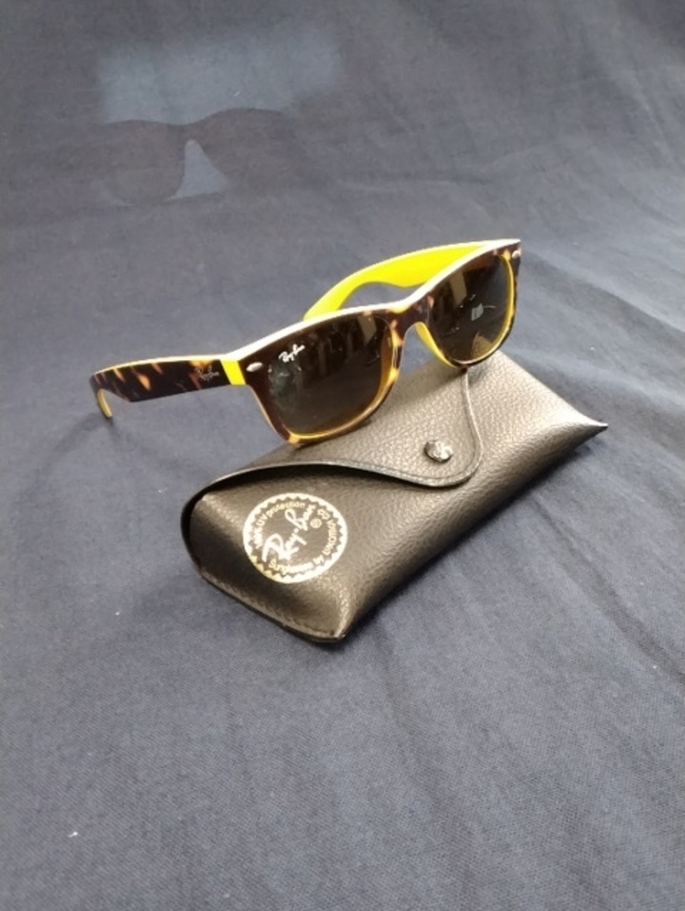 Ray-Ban Tortoiseshell Frame Sunglasses with Yellow Interior and Dark Lenses, RX.